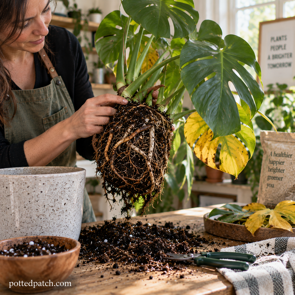 Person inspecting exposed Monstera roots for signs of root rot before repotting