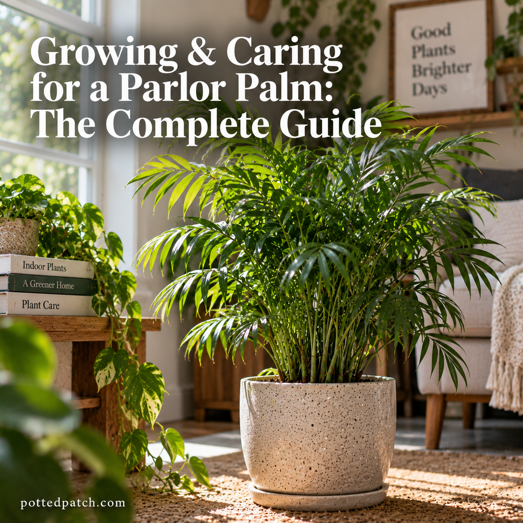 Healthy Parlor Palm growing indoors in bright indirect light