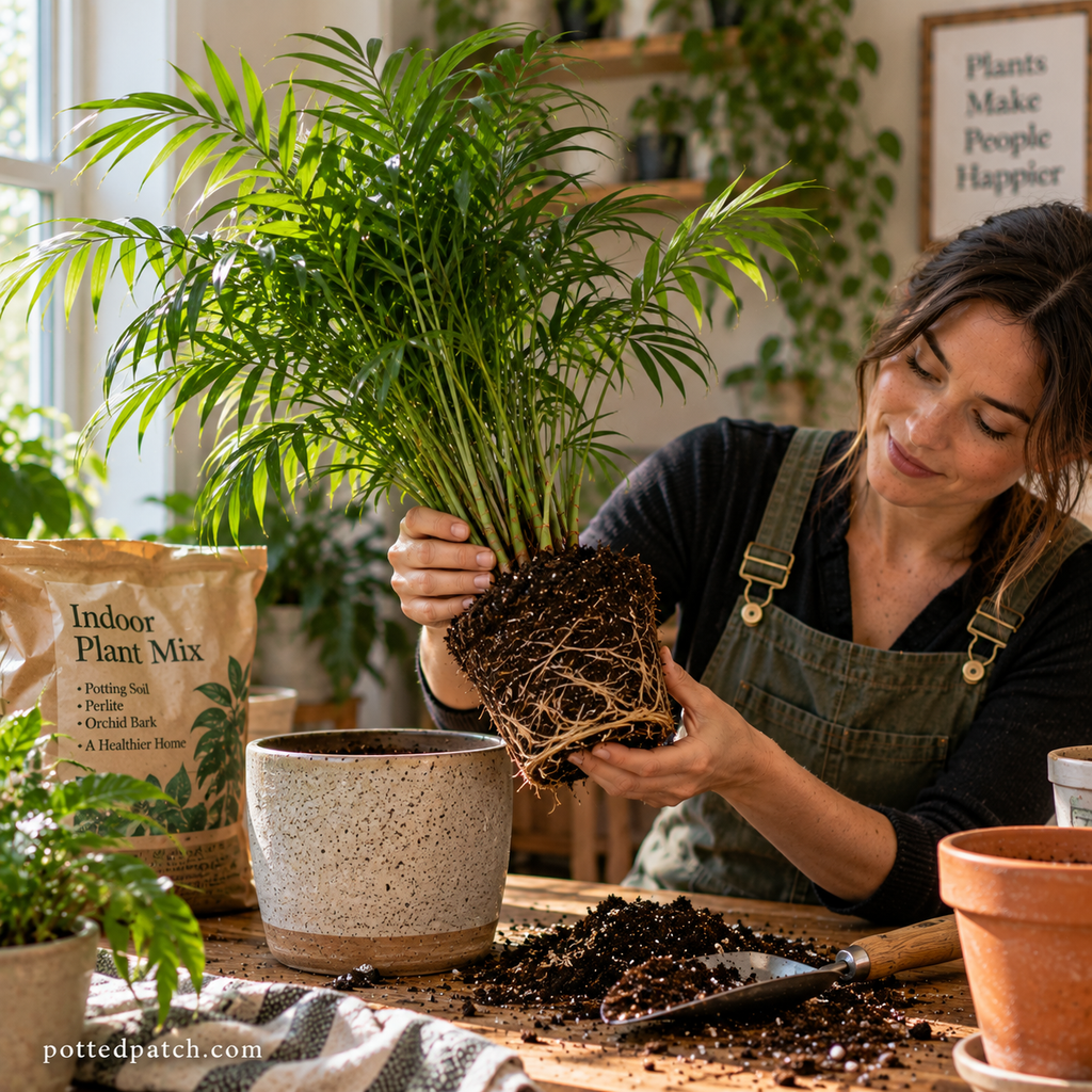 Woman inspecting a Parlor Palm’s roots before repotting it indoors