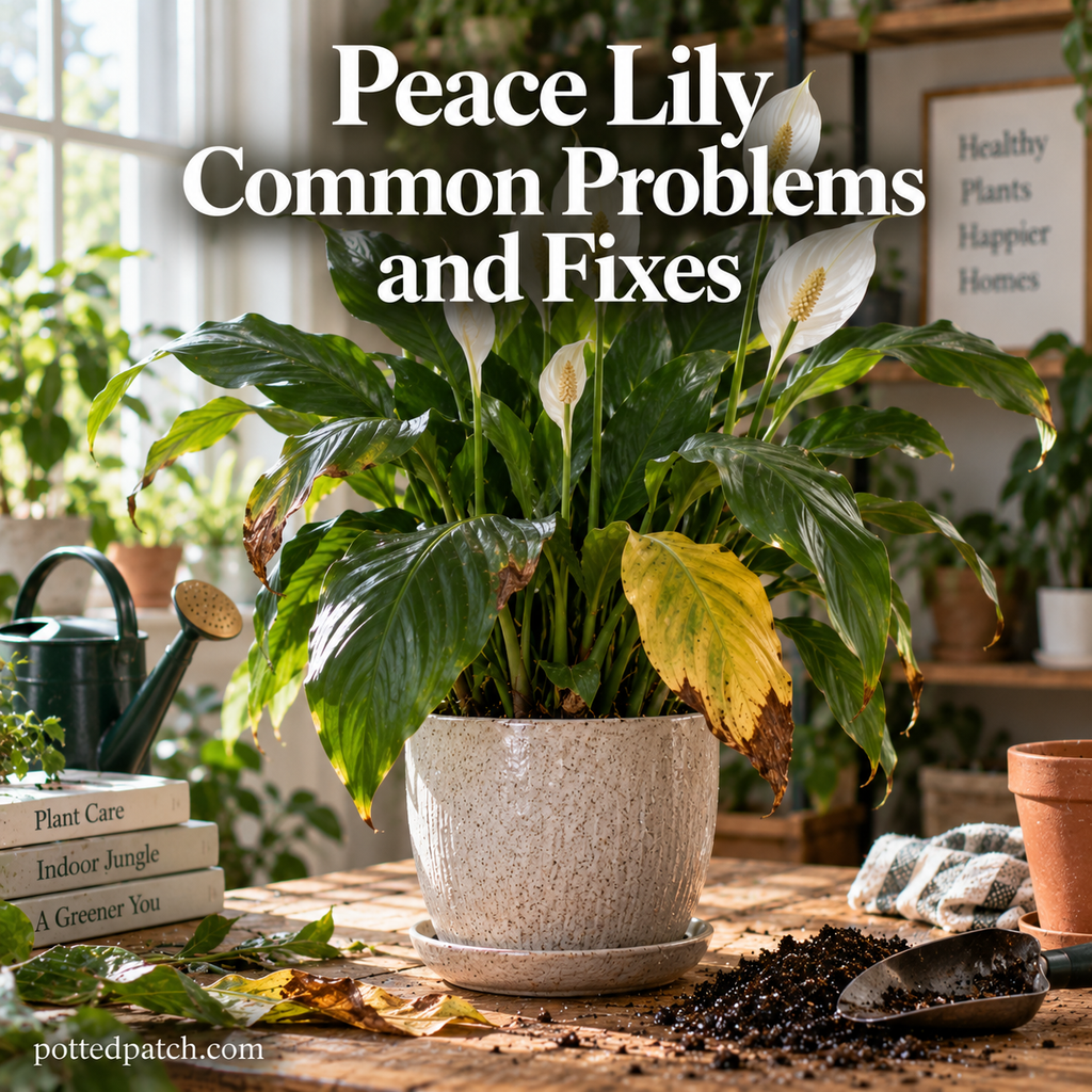 Peace lily with yellow leaves and brown tips showing common indoor plant problems