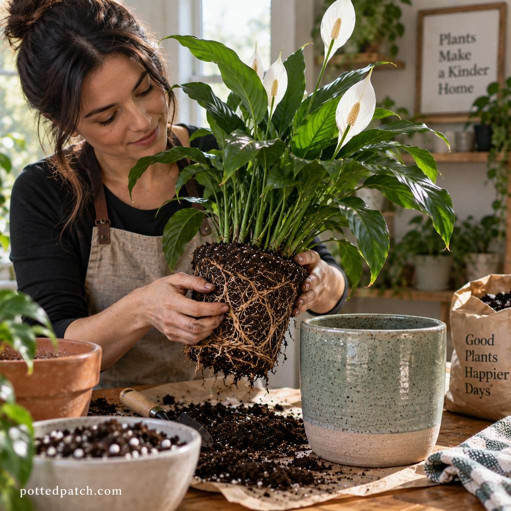 Woman inspecting a peace lily’s roots while repotting it indoors