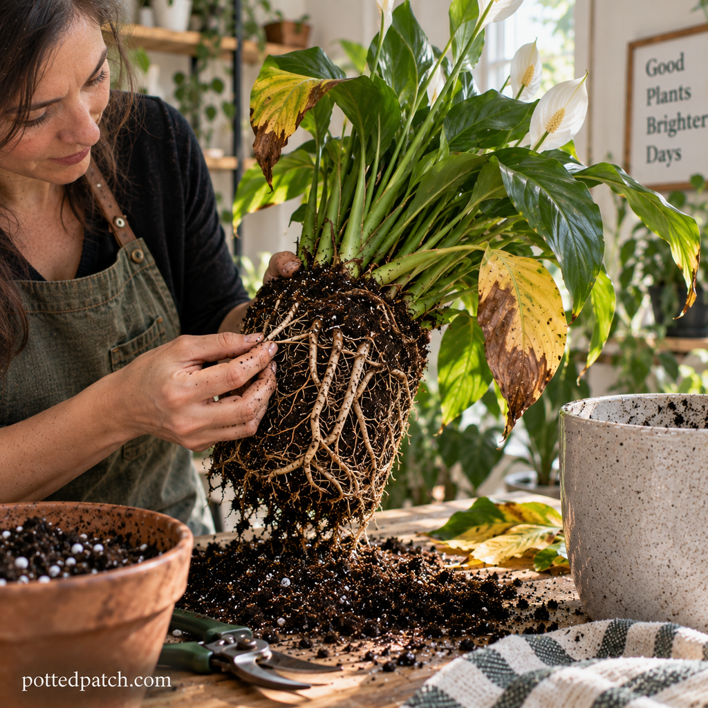 Person inspecting peace lily roots for root rot after removing the plant from its pot