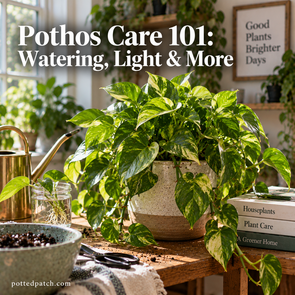 Healthy variegated pothos growing indoors in bright indirect light
