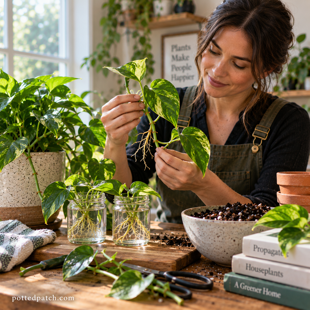 Woman inspecting rooted pothos cuttings propagated in water