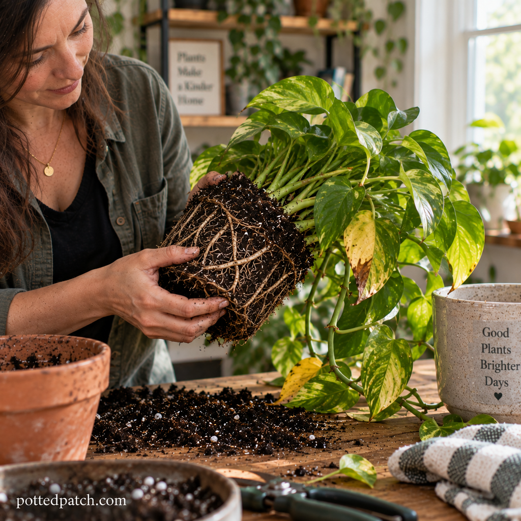 Person inspecting pothos roots for signs of root rot before repotting