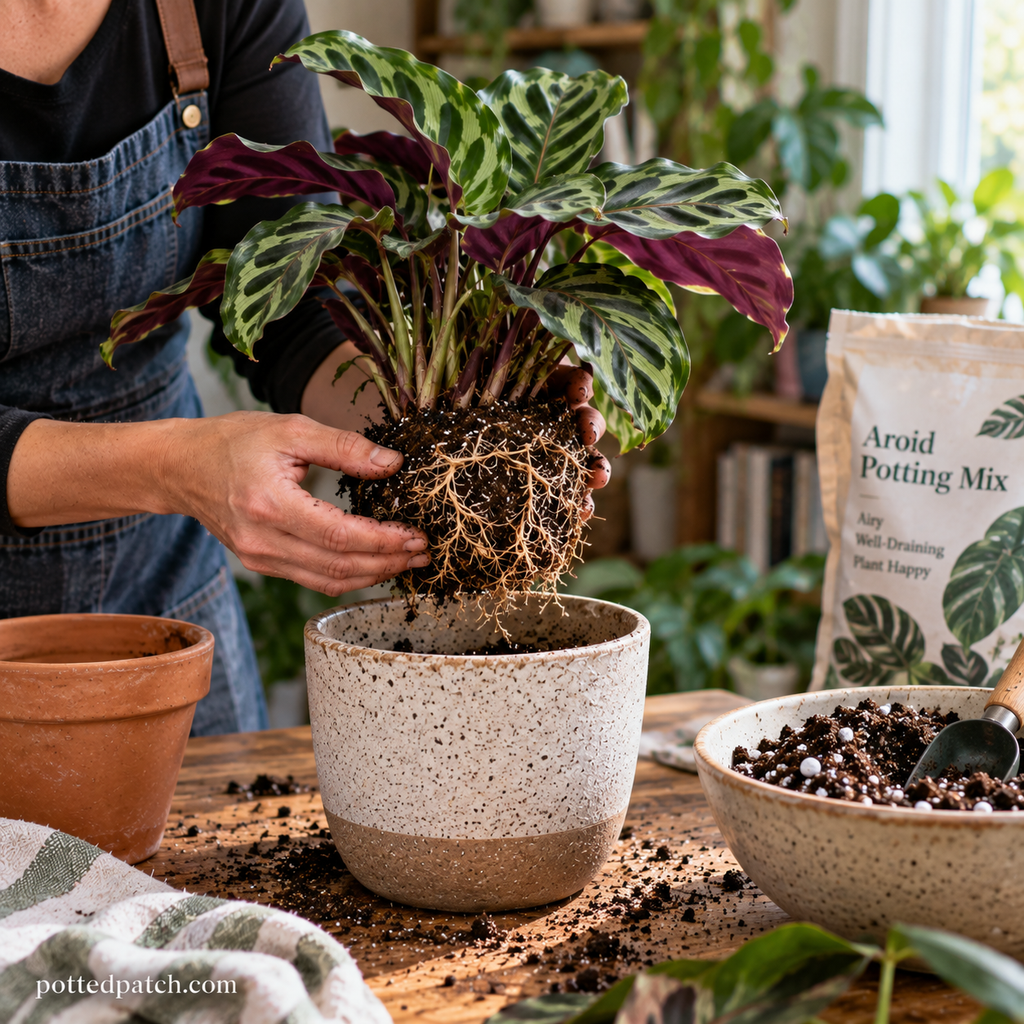 Person repotting a Calathea and inspecting its healthy roots before placing it in fresh potting soil