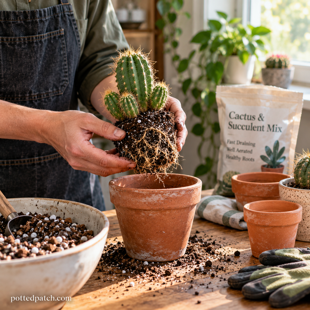 Person repotting an indoor cactus with exposed healthy roots into fast-draining cactus soil