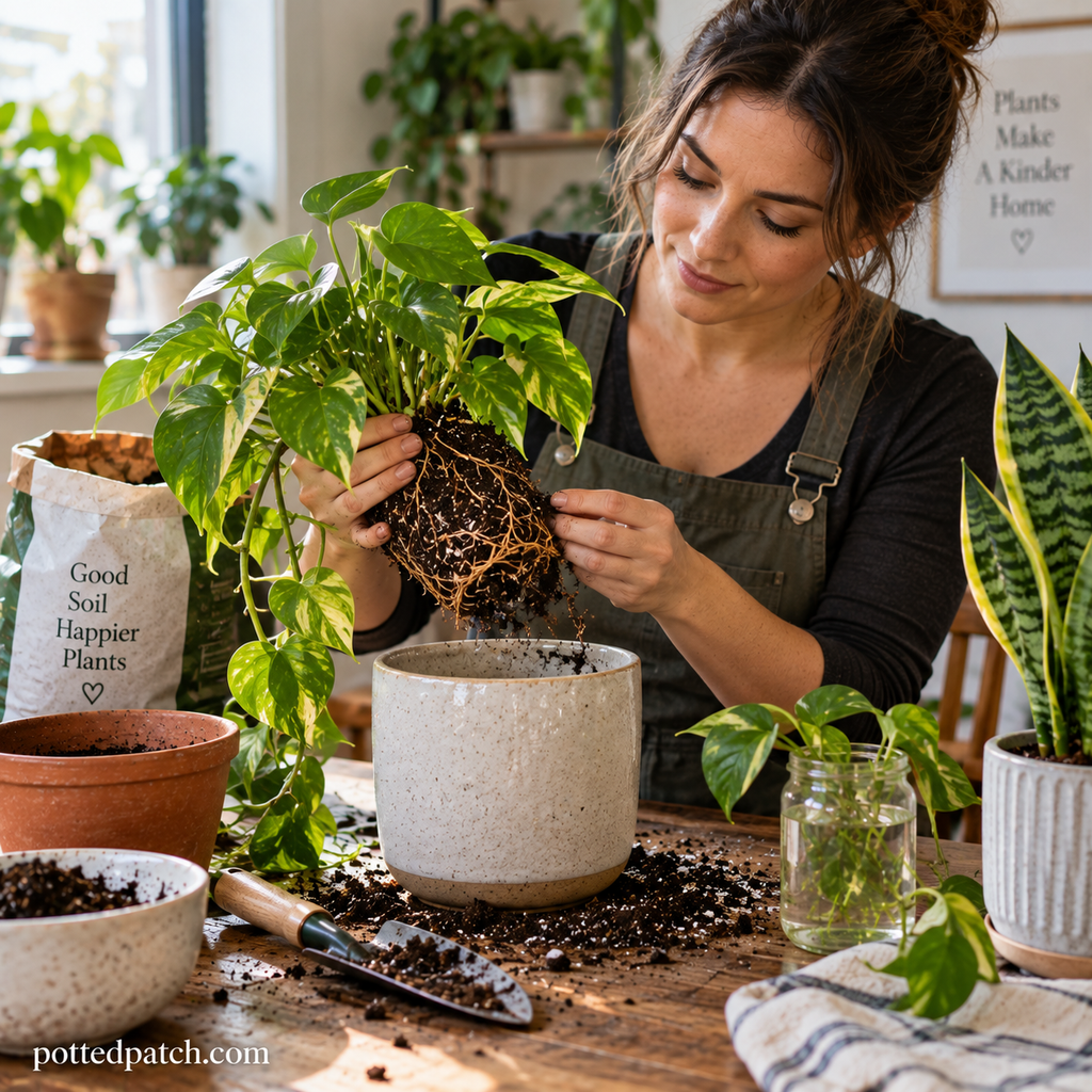 Woman checking pothos roots before repotting the indoor plant into a properly sized container.