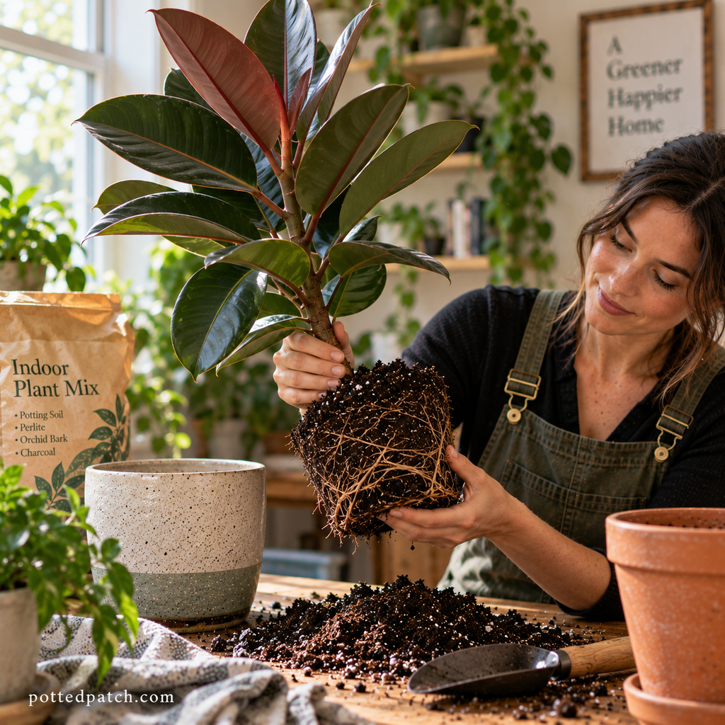 Woman inspecting a Rubber Plant’s roots before repotting it indoors