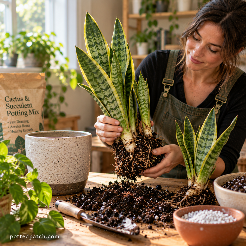 Woman dividing a snake plant by separating rooted sections and rhizomes