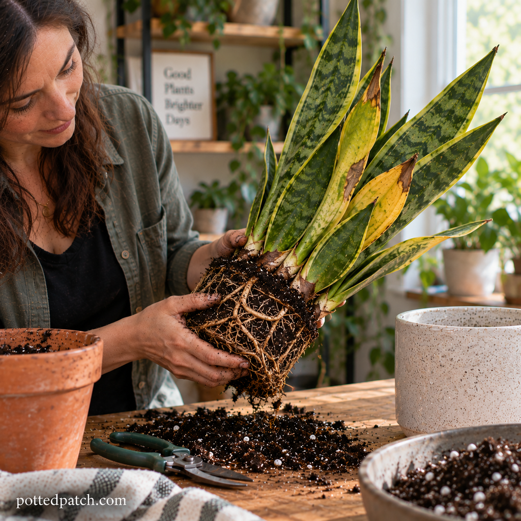 Person inspecting exposed snake plant roots and rhizomes for signs of root rot