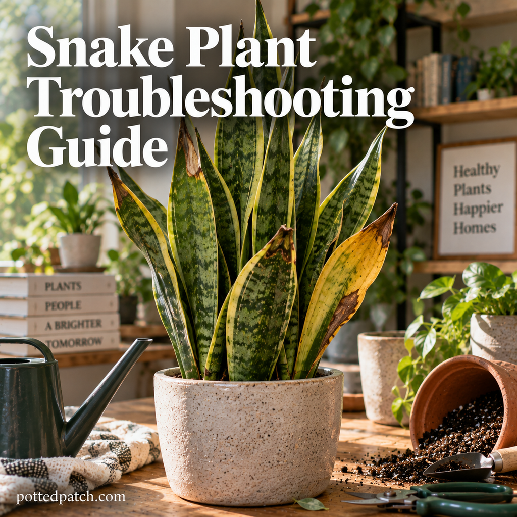 Snake plant with yellow leaves and brown tips showing common plant problems