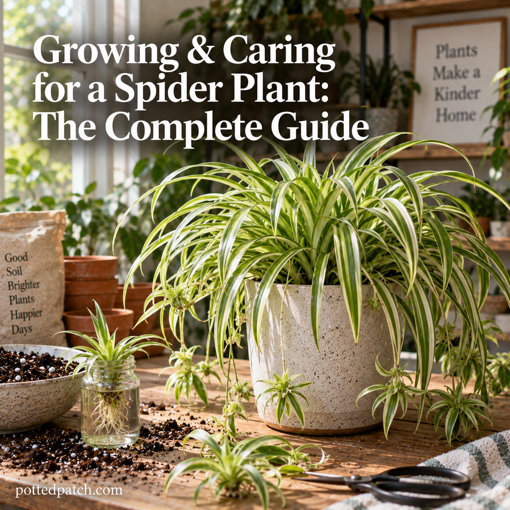Healthy spider plant with cascading spiderettes growing indoors in bright natural light