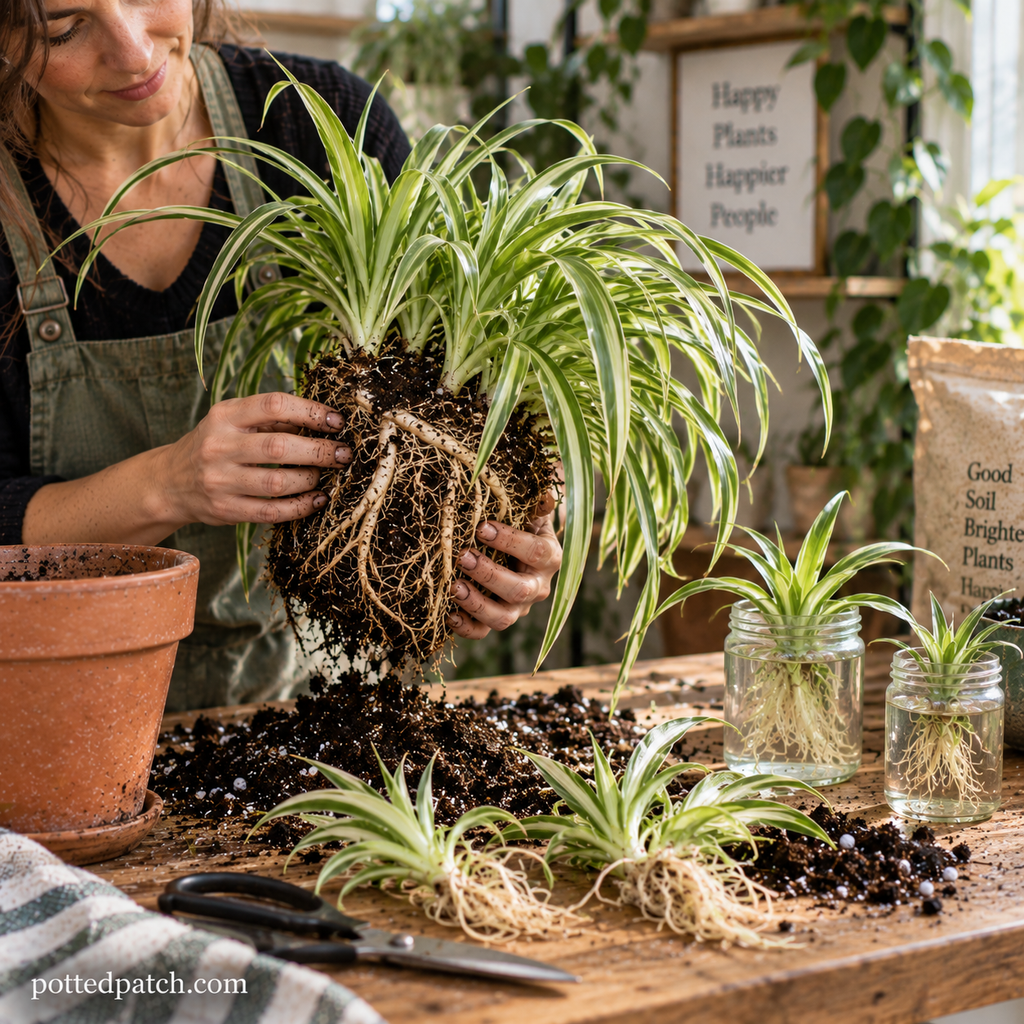 Person dividing a mature spider plant with exposed roots and propagated spider plant babies nearby