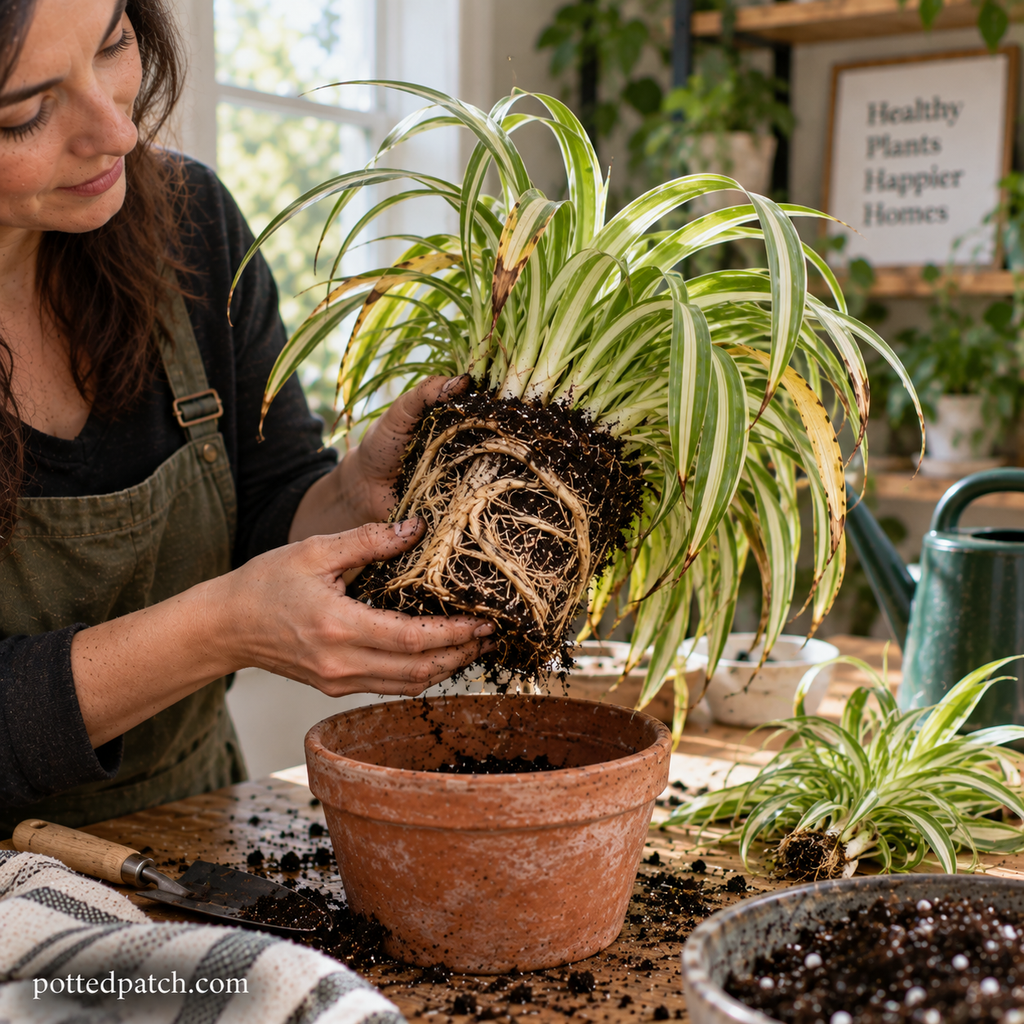 Person inspecting exposed spider plant roots for signs of root rot before repotting