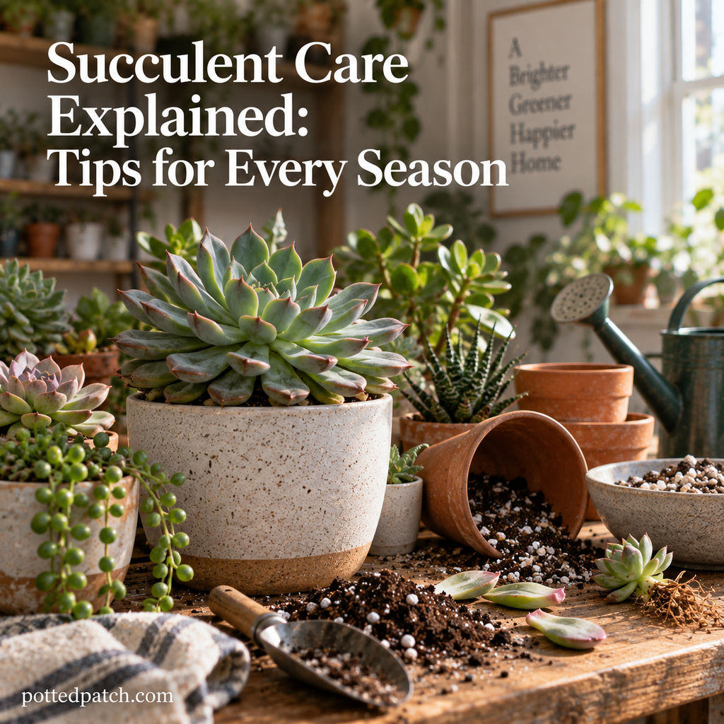 Healthy indoor succulents with well-draining soil, pots, and gardening tools in a bright home setting