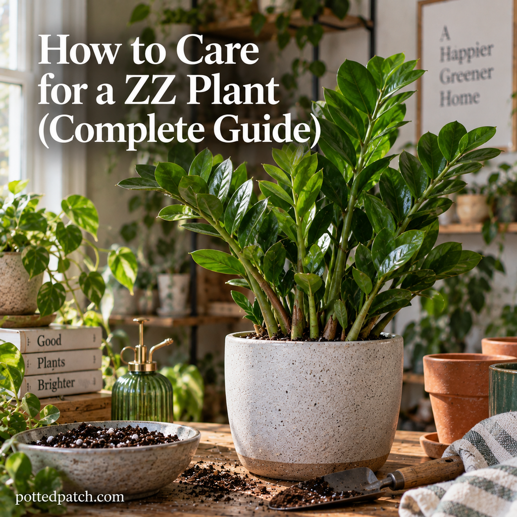 Healthy ZZ plant growing indoors in bright indirect light with potting soil and plant care tools