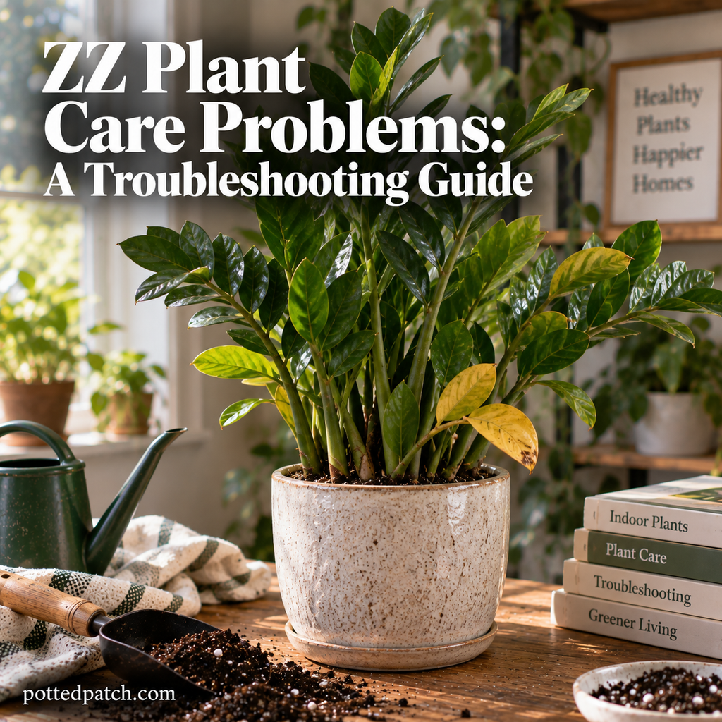ZZ plant with yellowing and damaged leaves showing common care problems