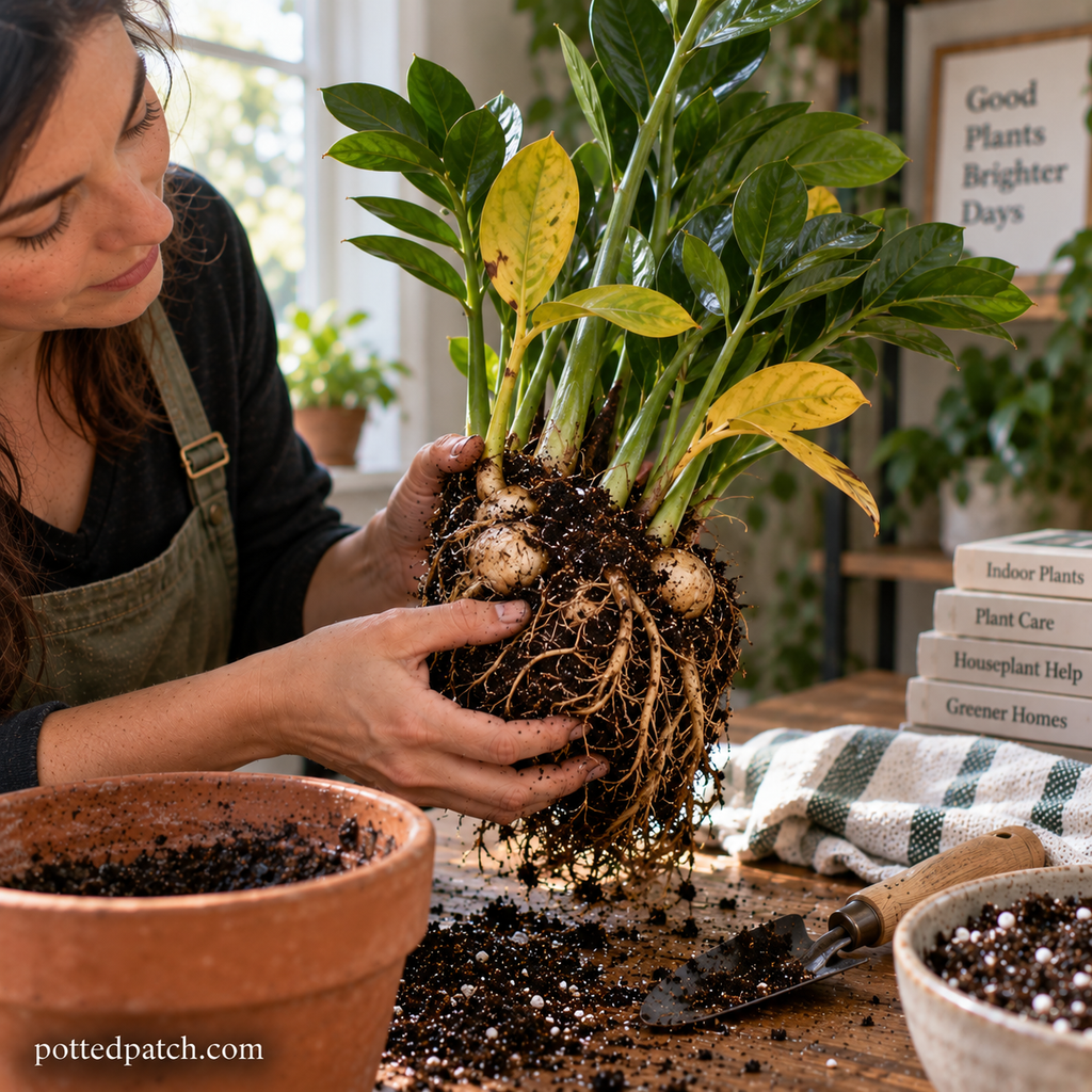 Person inspecting ZZ plant roots and rhizomes for signs of root rot