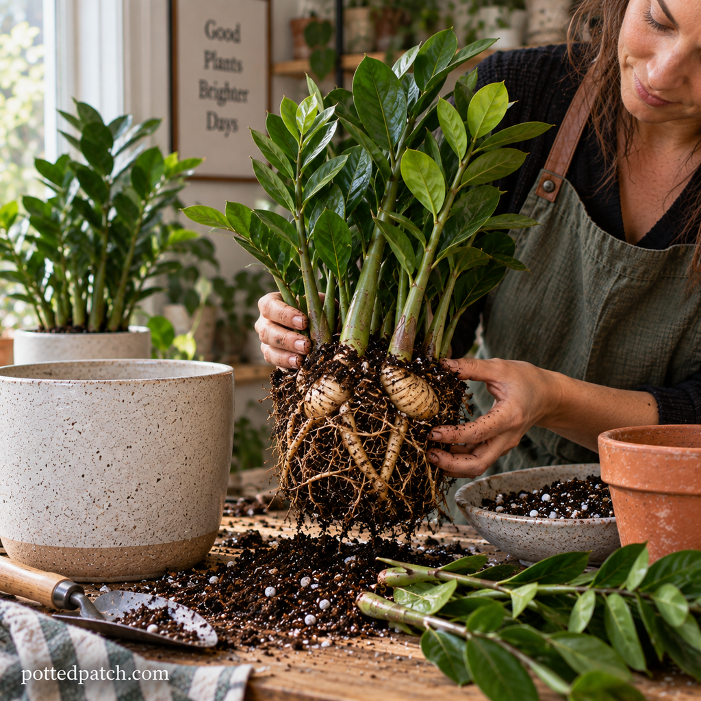 Person inspecting ZZ plant roots and rhizomes while repotting the plant in fresh soil